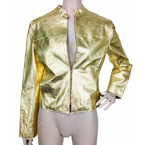 Vintage Jackets & Blazers - Vintage 1970's Metallic Gold Genuine Lambskin Leather Jacket Women's Size Small